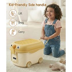 Babyhug Multipurpose Storage Box with Wheels for Kids Animal Theme Pastel Yellow| Toy Storage Organizer with Pull Along Handle| Clip Lock Lid| Use as Ride-On & Building Block Tray| Kids Room Storage