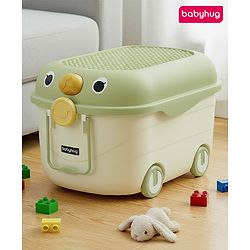 Babyhug Multipurpose Storage Box with Wheels for Kids Animal Theme Pastel Yellow| Toy Storage Organizer with Pull Along Handle| Clip Lock Lid| Use as Ride-On & Building Block Tray| Kids Room Storage
