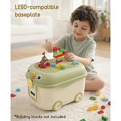 Babyhug Multipurpose Storage Box with Wheels for Kids Animal Theme Pastel Yellow| Toy Storage Organizer with Pull Along Handle| Clip Lock Lid| Use as Ride-On & Building Block Tray| Kids Room Storage