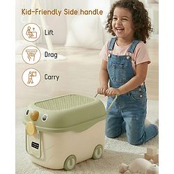 Babyhug Multipurpose Storage Box with Wheels for Kids Animal Theme Pastel Green| Toy Storage Organizer with Pull Along Handle| Clip Lock Lid| Use as Ride-On & Building Block Tray| Kids Room Storage