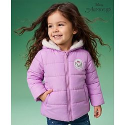 Babyhug Disney Woven Full Sleeves Hooded Padded Winter Jacket With Marie Badge - Lavender