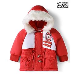 Babyhug Disney Woven Full Raglan Sleeves Hooded Padded Jacket with Minnie Mouse Print - Red
