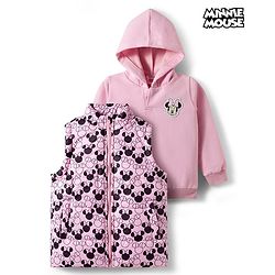 Babyhug Disney Fleece Woven  Full Sleeves Hooded Sweatshirt With Sleeveless Jacket & Minnie Mouse Graphic - Pink