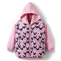 Babyhug Disney Fleece Woven  Full Sleeves Hooded Sweatshirt With Sleeveless Jacket & Minnie Mouse Graphic - Pink
