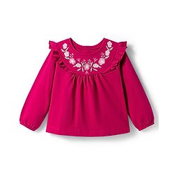 Babyhug 100% Cotton Single Jersey Knit Full Sleeves Top with Frill Detailing & Floral Embroidery -  Red