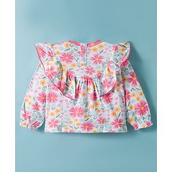 Babyhug 100% Cotton Single Jersey Knit Full Sleeves Top with Frill Detailing & Floral Print -Multicolour