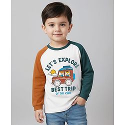 Babyhug 100% Cotton Knit Full Raglan Sleeves T-Shirt with Let's Explore Text & Vehicle Print - White & Dark Green
