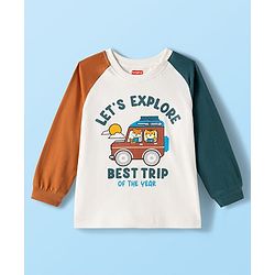 Babyhug 100% Cotton Knit Full Raglan Sleeves T-Shirt with Let's Explore Text & Vehicle Print - White & Dark Green