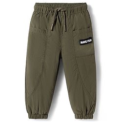 Babyhug Woven Full Length Trouser With Stretch & Text Badge - Olive Green
