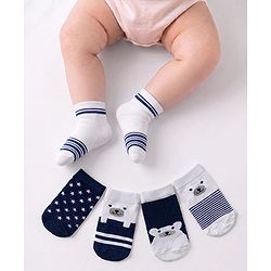 Cute Walk by Babyhug Knit Ankle Length Anti Bacterial Socks with Stripe Polka Dot & Teddy Design Pack of 5 - Grey & Navy Blue