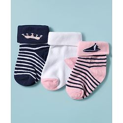 Cute Walk by Babyhug Knit Ankle Length Antibacterial Socks with Stripes Pack of 3 - Pink White & Navy Blue