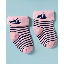 Cute Walk by Babyhug Knit Ankle Length Antibacterial Socks with Stripes Pack of 3 - Pink White & Navy Blue