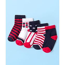 Cute Walk by Babyhug Knit Ankle Length Anti Bacterial Socks with Stripes & Star Design Pack of 5 - Red & Navy Blue