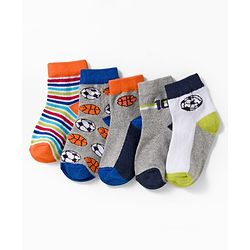 Cute Walk by Babyhug Knit Ankle Length Anti Bacterial Socks with Stripes & Football Design Pack of 5- Grey & White