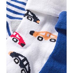 Cute Walk by Babyhug Knit Ankle Length Anti Bacterial Socks with Stripes & Vehicle Design Pack of 3 - Blue Grey & White