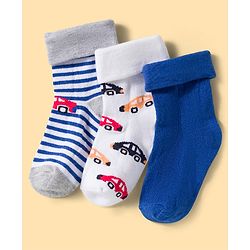 Cute Walk by Babyhug Knit Ankle Length Anti Bacterial Socks with Stripes & Vehicle Design Pack of 3 - Blue Grey & White