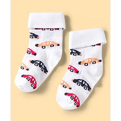 Cute Walk by Babyhug Knit Ankle Length Anti Bacterial Socks with Stripes & Vehicle Design Pack of 3 - Blue Grey & White