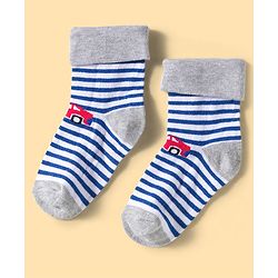 Cute Walk by Babyhug Knit Ankle Length Anti Bacterial Socks with Stripes & Vehicle Design Pack of 3 - Blue Grey & White