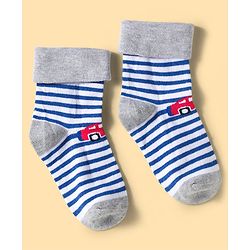 Cute Walk by Babyhug Knit Ankle Length Anti Bacterial Socks with Stripes & Vehicle Design Pack of 3 - Blue Grey & White