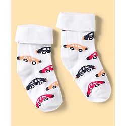 Cute Walk by Babyhug Knit Ankle Length Anti Bacterial Socks with Stripes & Vehicle Design Pack of 3 - Blue Grey & White