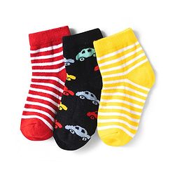 Cute Walk by Babyhug Knit Ankle Length Anti Bacterial Socks with Stripes & Car Design Pack of 3 - Yellow Black & Red