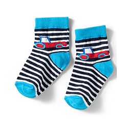 Cute Walk by Babyhug Knit Ankle Length Anti Bacterial Socks with Stripes & Car Design Pack of 3 - Red & Light Blue