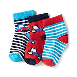 Cute Walk by Babyhug Knit Ankle Length Anti Bacterial Socks with Stripes & Car Design Pack of 3 - Red & Light Blue