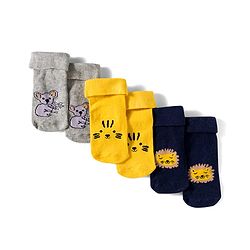 Cute Walk by Babyhug Knit Ankle Length Antibacterial Socks With Animal Design Pack Of 3 - Yellow Grey & Black