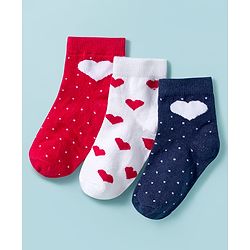 Cute Walk By Babyhug Knit Ankle Length Anti-Bacterial Socks with Heart & Polka Design Pack of 3 -Red & White Navy Blue