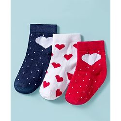 Cute Walk By Babyhug Knit Ankle Length Anti-Bacterial Socks with Heart & Polka Design Pack of 3 -Red & White Navy Blue