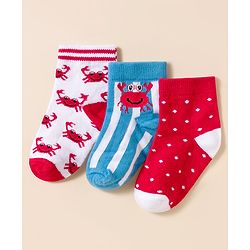 Cute Walk By Babyhug Knit Ankle Length Anti-Bacterial Socks with Stripe Crab & Polka Dot Design Pack of 3 -Blue Red & White