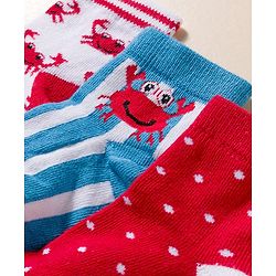 Cute Walk By Babyhug Knit Ankle Length Anti-Bacterial Socks with Stripe Crab & Polka Dot Design Pack of 3 -Blue Red & White