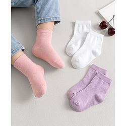 Cute Walk by Babyhug Knit Ankle Length Anti Bacterial Solid Color Socks Pack of 3 - Lilac White & Pink