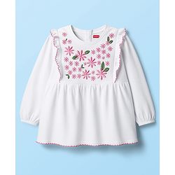 Babyhug 100% Cotton Knit Full Sleeves Top With Floral Embroidery - White