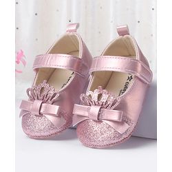 Cute Walk by Babyhug Velcro Closure Booties with Shimmer Floral Applique - Pink