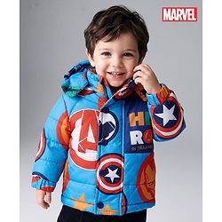 Babyhug Marvel Woven Winter Jacket with Full Sleeves and Hero In Training Print - Blue for 3-6 Months