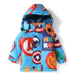 Babyhug Marvel Woven Winter Jacket with Full Sleeves and Hero In Training Print - Blue for 3-6 Months