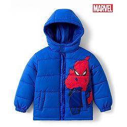 Babyhug Marvel Woven Hooded Winter Jacket with Full Sleeves and Spider-Man Graphic - Blue