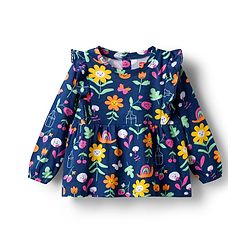 Babyhug 100% Cotton Knit Full Sleeves Top With Floral Print & Frill Detailing - Navy Blue