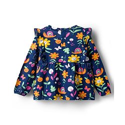 Babyhug 100% Cotton Knit Full Sleeves Top With Floral Print & Frill Detailing - Navy Blue