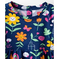 Babyhug 100% Cotton Knit Full Sleeves Top With Floral Print & Frill Detailing - Navy Blue
