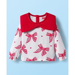 Babyhug 100% Cotton Knit Full Sleeves Top with Collar & Bow Print - Red & White