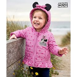 Babyhug Disney Woven Full Sleeves Hooded Winter Jacket With Minnie & Friends Graphics & Ear Bow Applique - Pink