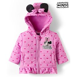 Babyhug Disney Woven Full Sleeves Hooded Winter Jacket With Minnie & Friends Graphics & Ear Bow Applique - Pink