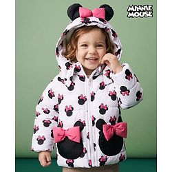 Babyhug Disney Woven Full Sleeves Hooded Winter Jacket With Minnie Mouse Print & Ear Bow Applique - White