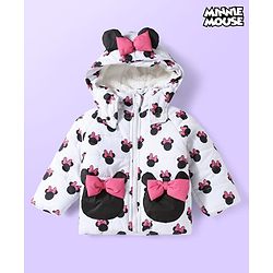 Babyhug Disney Woven Full Sleeves Hooded Winter Jacket With Minnie Mouse Print & Ear Bow Applique - White