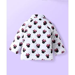 Babyhug Disney Woven Full Sleeves Hooded Winter Jacket With Minnie Mouse Print & Ear Bow Applique - White