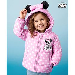 Babyhug Disney Woven Full Sleeves Hooded Padded Winter Jacket With Minnie Mouse Graphics With Ear & Bow Applique - Pink