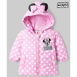 Babyhug Disney Woven Full Sleeves Hooded Padded Winter Jacket With Minnie Mouse Graphics With Ear & Bow Applique - Pink