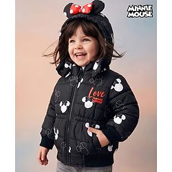 Babyhug Disney Woven Full Sleeves Hooded Winter Jacket With Minnie Mouse Print & Ear Bow Applique - Black